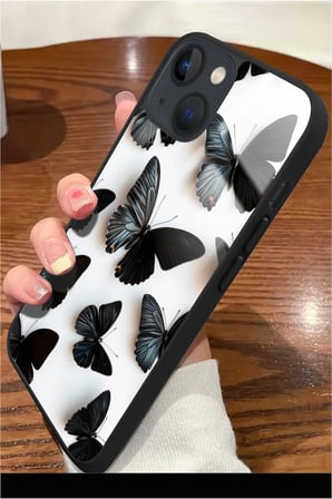 Apple iPhone 14 Uyumlu Siyah Kelebek Tasarımlı Parlak Silikon Kılıf