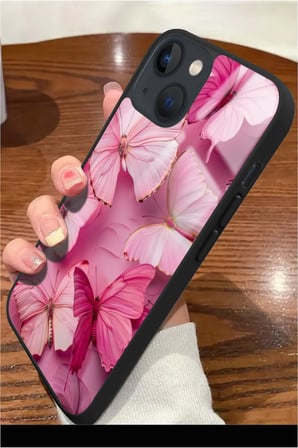 Apple iPhone 14 Uyumlu Pembe Kelebek Tasarımlı Parlak Silikon Kılıf