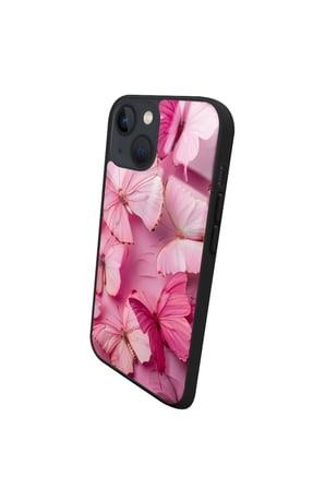 Apple iPhone 14 Uyumlu Pembe Kelebek Tasarımlı Parlak Silikon Kılıf