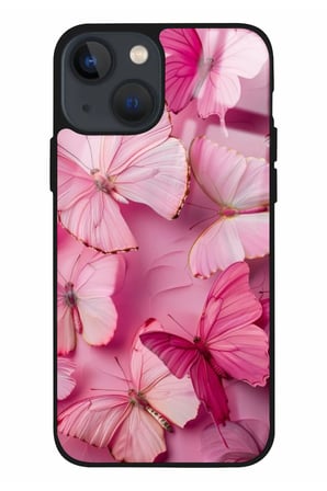 Apple iPhone 14 Uyumlu Pembe Kelebek Tasarımlı Parlak Silikon Kılıf