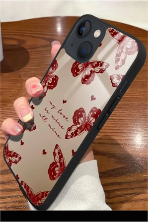 Apple iPhone 14 Uyumlu Kırmızı Kelebek Tasarımlı Parlak Silikon Kılıf