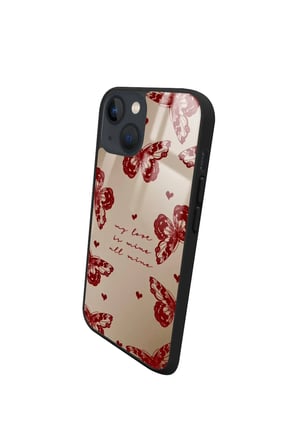 Apple iPhone 14 Uyumlu Kırmızı Kelebek Tasarımlı Parlak Silikon Kılıf