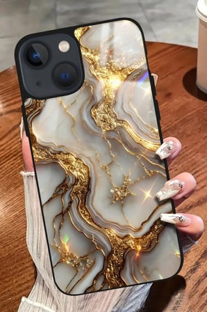 Apple iPhone 15 Uyumlu Beyaz&Altın Mermer Tasarımlı Parlak Silikon Kılıf