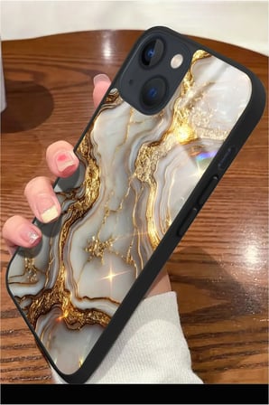 Apple iPhone 15 Uyumlu Beyaz&Altın Mermer Tasarımlı Parlak Silikon Kılıf