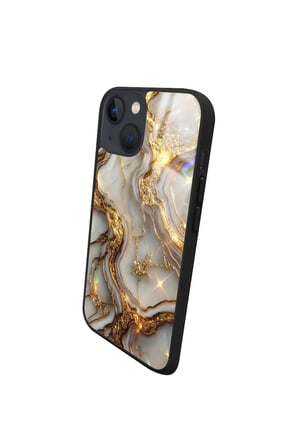Apple iPhone 15 Uyumlu Beyaz&Altın Mermer Tasarımlı Parlak Silikon Kılıf