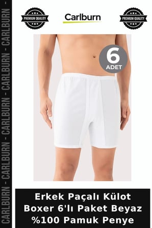 Premium Erkek Paçalı Külot Boxer 6'lı Paket Beyaz %100 Pamuk Penye Düz Tasarım Hediye Günlük Çamaşır