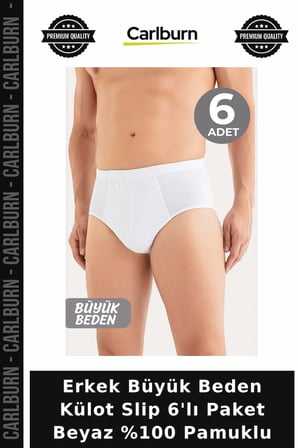 Özel Seri Erkek Büyük Beden Külot Slip 6'lı Paket Beyaz %100 Pamuklu Rahat İçlik Esnek Bel Alt Giyim