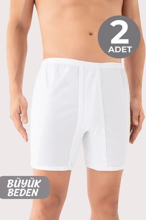 Özel Seri Büyük Beden Erkek Paçalı Külot Boxer 2'li Paket Beyaz Pamuk Düz Konforlu