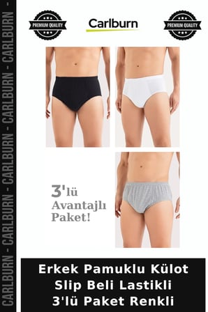 Erkek Pamuklu Külot Slip Beli Lastikli 3'lü Paket Renkli Desensiz Model Rahat Tasarım Günlük Giyim