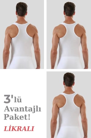 Özel Üretim Erkek Beyaz Pamuklu Likralı Sporcu Atlet 3'lü Paket Günlük Giyim Parça