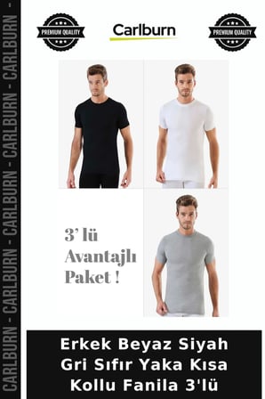 Özel Üretim Erkek Beyaz Siyah Gri Sıfır Yaka Kısa Kollu Fanila 3'lü Hediyelik Eşya Sade Tarz