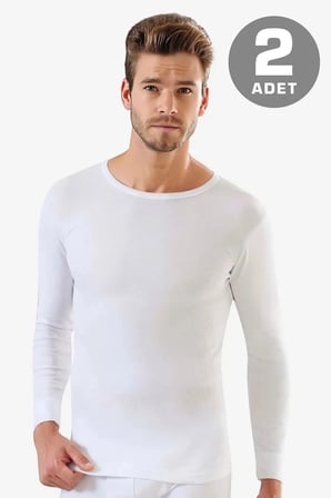 Erkek Bisiklet Yaka Uzun Kollu Fanila Badi Beyaz 2'li Paket Günlük Tişört Kışlık Atlet Pamuklu Giyim