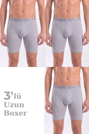 Premium 3'lü Paket Erkek Gri Uzun Paçalı Boxer Pijama Altı Rahat İç Giyim Örme Çamaşır