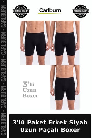 Özel Seri 3'lü Paket Erkek Siyah Uzun Paçalı Boxer Hediye Alternatif Lastikli Bel