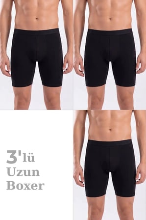 Özel Seri 3'lü Paket Erkek Siyah Uzun Paçalı Boxer Hediye Alternatif Lastikli Bel