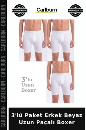Premium 3'lü Paket Erkek Beyaz Uzun Paçalı Boxer Likralı Model Düz Desen Lastikli Bel