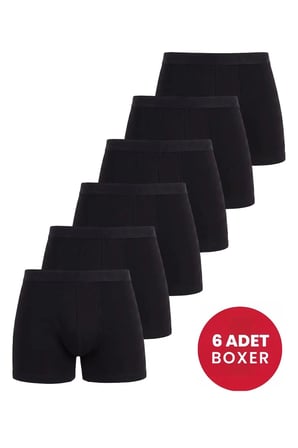 Delux Serisi 6'lı Paket Erkek Pamuklu Likralı Esnek Kumaş Siyah Boxer Eğe Sade Arkadaşa