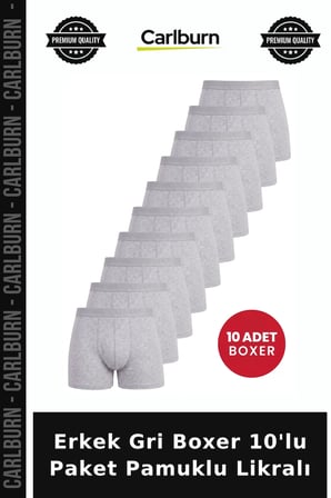 Premium Erkek Gri Boxer 10'lu Paket Pamuklu Likralı Örme Kumaş Şık Görünüm Esnek Doku