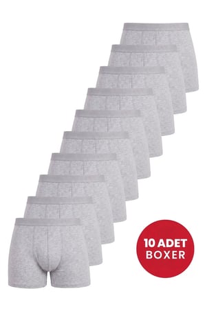 Premium Erkek Gri Boxer 10'lu Paket Pamuklu Likralı Örme Kumaş Şık Görünüm Esnek Doku