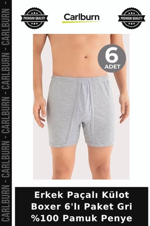 Erkek Paçalı Külot Boxer 6'lı Paket Gri %100 Pamuk Penye Klasik Tarz Hediyelik Eşya Konforlu Model