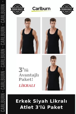 Delux Serisi Erkek Siyah Likralı Atlet 3'lü Paket Ekonomik Mevsimlik Fit Görünüm