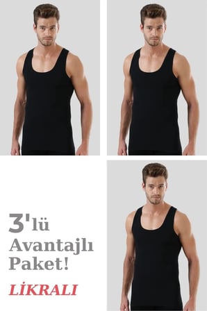 Delux Serisi Erkek Siyah Likralı Atlet 3'lü Paket Ekonomik Mevsimlik Fit Görünüm