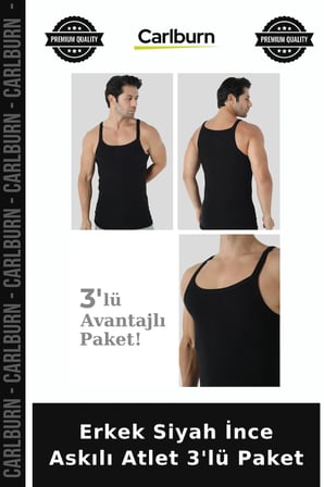 Premium Erkek Siyah İnce Askılı Atlet 3'lü Paket Vücut Saran Düz Tasarım Hava Alan