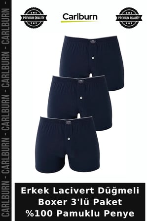 Erkek Lacivert Düğmeli Boxer 3'lü Paket %100 Pamuklu Penye Normal Bel Düz Model Giyim Eşyası