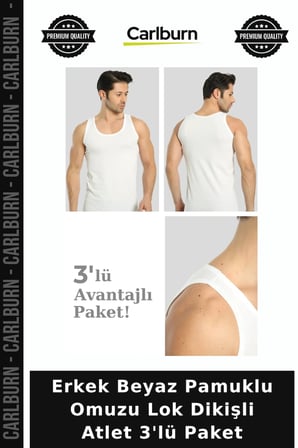 Erkek Beyaz Pamuklu Omuzu Lok Dikişli Atlet 3'lü Paket Regular Kalıp Tekstil Günlük İç Giyim