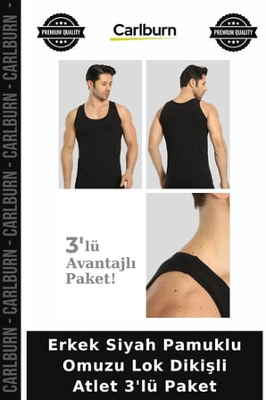 Özel Seri Erkek Siyah Pamuklu Omuzu Lok Dikişli Atlet 3'lü Paket Düz Üst Klasik