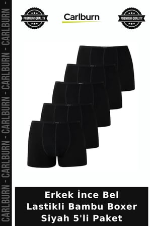 Erkek İnce Bel Lastikli Bambu Boxer Siyah 5'li Paket Botanik Giyim Günlük Çamaşır Modern Stil