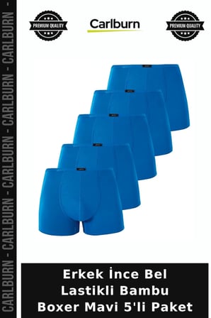 Premium Erkek İnce Bel Lastikli Bambu Boxer Mavi 5'li Paket Tarz Hediye Nefes Alan