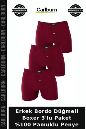 Erkek Bordo Düğmeli Boxer 3'lü Paket %100 Pamuklu Penye Slim Kalıp Gündelik Giysi Normal Bel