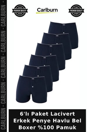 Premium 6'lı Paket Lacivert Erkek Penye Havlu Bel Boxer %100 Pamuk Alışveriş Giyim Tekstil