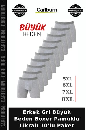 Erkek Gri Büyük Beden Boxer Pamuklu Likralı 10'lu Paket Penye İç Giyim Düz Desen Normal Bel