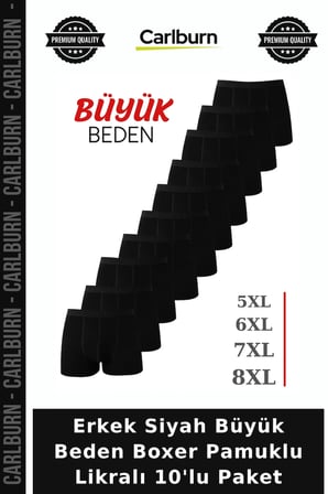 Premium Erkek Siyah Büyük Beden Boxer Pamuklu Likralı 10'lu Paket Pamuk Doku Esnek Kumaş Örme Giyim