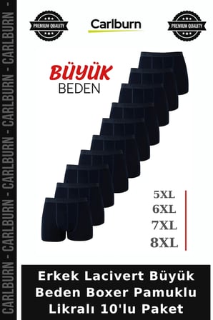 Erkek Lacivert Büyük Beden Boxer Pamuklu Likralı 10'lu Paket Desensiz Model Ev Giyimi Temel Giyim