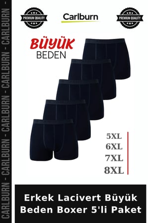 Özel Seri Erkek Lacivert Büyük Beden Boxer 5'li Paket Rahat İç Giyim Temel Stok