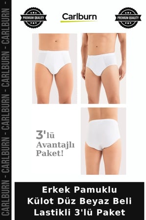Erkek Pamuklu Külot Düz Beyaz Beli Lastikli 3'lü Paket Klasik Slip Günlük Model Rahat Kesim
