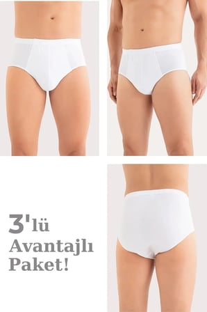 Erkek Pamuklu Külot Düz Beyaz Beli Lastikli 3'lü Paket Klasik Slip Günlük Model Rahat Kesim