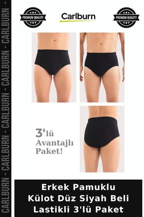 Özel Seri Erkek Pamuklu Külot Düz Siyah Beli Lastikli 3'lü Paket Örme Klasik Esnek