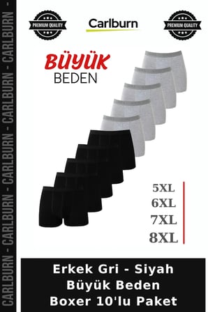 Özel Üretim Erkek Gri - Siyah Büyük Beden Boxer 10'lu Paket Erkekler İçin Günlük Tarz