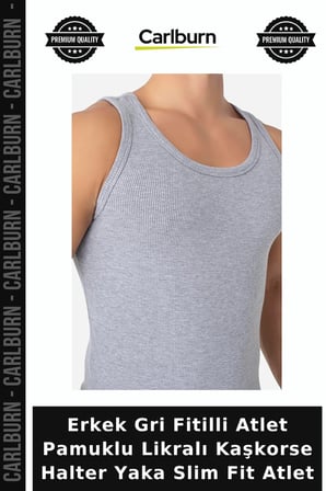 Erkek Gri Fitilli Atlet Pamuklu Likralı Kaşkorse Halter Yaka Slim Fit Atlet Sade Konforlu Spor