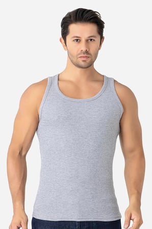 Erkek Gri Fitilli Atlet Pamuklu Likralı Kaşkorse Halter Yaka Slim Fit Atlet Sade Konforlu Spor