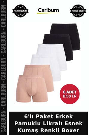 Özel Seri 6'lı Paket Erkek Pamuklu Likralı Esnek Kumaş Renkli Boxer Tekstil Normal Bel Slip Model