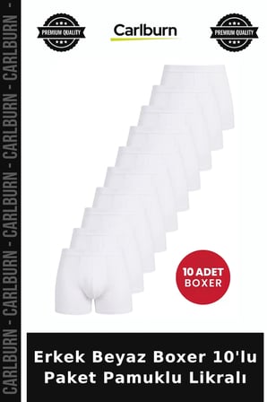 Premium Erkek Beyaz Boxer 10'lu Paket Pamuklu Likralı Desensiz Çamaşır Konforlu Giyim Slip Model