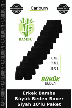 Özel Seri Erkek Bambu Büyük Beden Boxer Siyah 10'lu Paket Günlük İç Giyim Alternatif