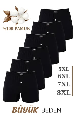 Delux Serisi 6'lı Paket Erkek Siyah Geniş Kalıp Büyük Beden Boxer Normal Bel Sade Tasarım