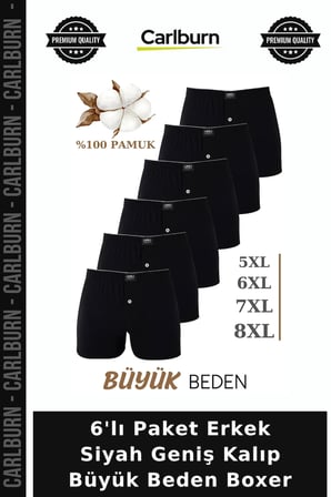 Delux Serisi 6'lı Paket Erkek Siyah Geniş Kalıp Büyük Beden Boxer Normal Bel Sade Tasarım