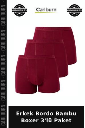 Özel Üretim Erkek Bordo Bambu Boxer 3'lü Paket İç Giyim Klasik Bay